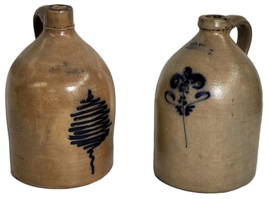 2 COBALT DECORATED JUGS, 1 NORTON, BENNINGTON VT & 1 NA WHITE & SON  11 3/4" TALL