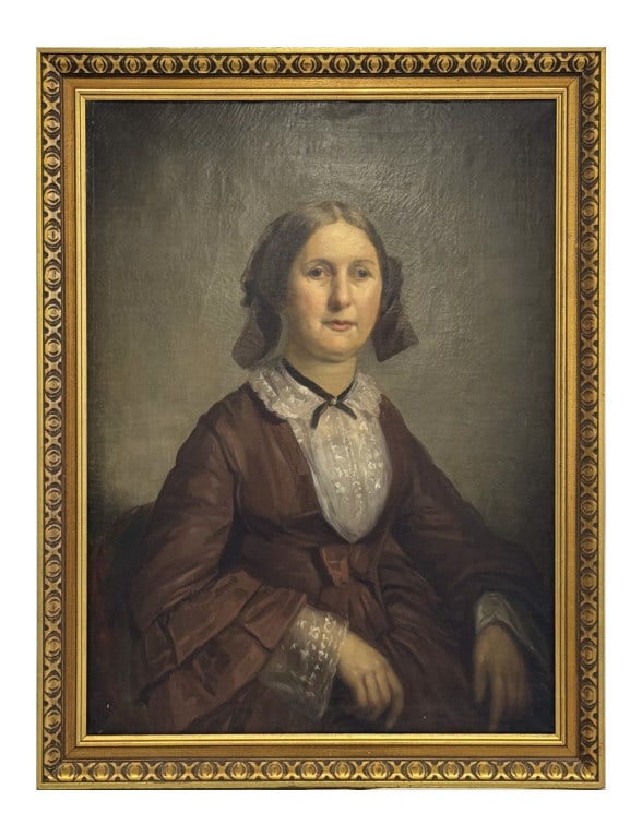 AMERICAN SCHOOL PORTRAIT OF A WOMAN SGND S.H. SEXTON, SCHENECTADY, NY 1855 33 1/2" X 26 1/2": AMERICAN SCHOOL PORTRAIT OF A WOMAN SGND S.H. SEXTON, SCHENECTADY, NY 1855 33 1/2" X 26 1/2"