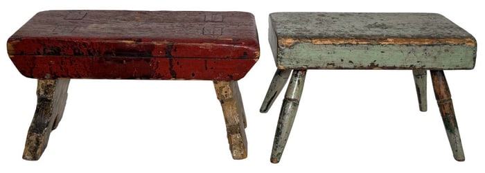 2 PAINT DECORATED CRICKET STOOLS, 1 IN BLUE PAINT 7" X 12 1/2" X 5 3/4"