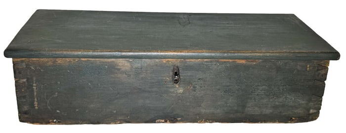 EARLY 19THC. DOVE TAILED WRITING BOX IN BLUE PAINT 5" X 18" X 8"