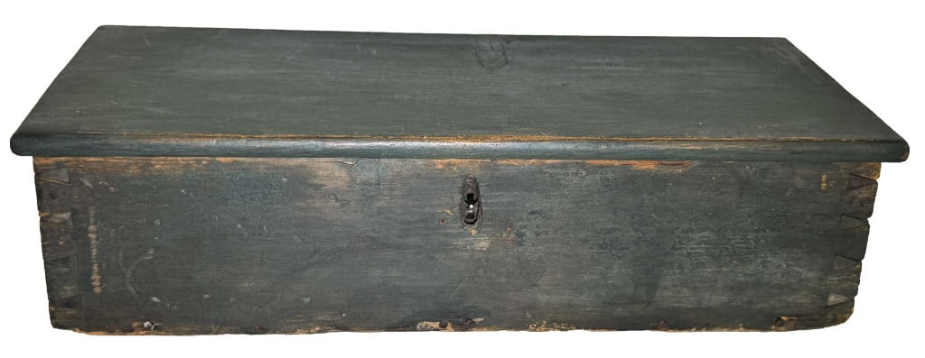 EARLY 19THC. DOVE TAILED WRITING BOX IN BLUE PAINT 5" X 18" X 8" (1 of 7)