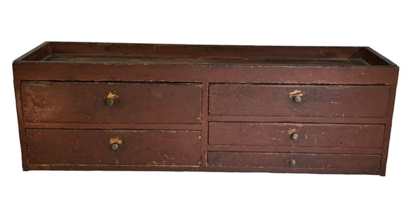5 DRAWER TABLE TOP BOX IN OLD RED PAINT 10 3/4" X 34" X 9"