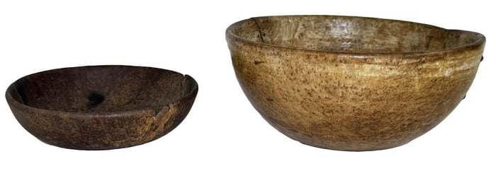 2 SMALL AMERICAN BURL BOWLS, BOTH WITH CRACKS 1 WITH REPAIRS, LARGEST 3 3/4" X 8 3/4"