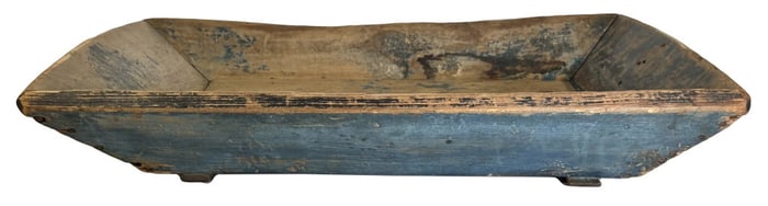 19THC. APPLE TRAY IN ROBINS EGG BLUE W/ SHOE FEET 4 1/2" X 29" X 18 3/4"