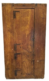 18THC. TWO DOOR CUPBOARD W/ HOLY LORD HINGES IN RED WASH 74" X 41" X 18 1/2"