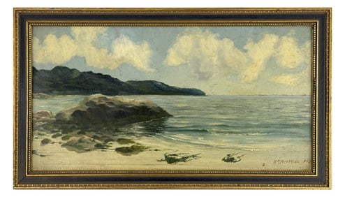 OIL / BOARD "SHORELINE AT LOW TIDE" SGND H.R. PICKERING, 1905 8 3/4" X 16 1/2"