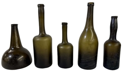 5 EARLY BLOWN GLASS BOTTLES, TALLEST 11 1/2"