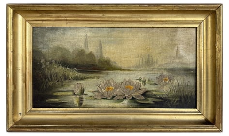 OIL/CANVAS "WATER LILIES" 19THC. UNSIGNED 10" X 19 3/4"