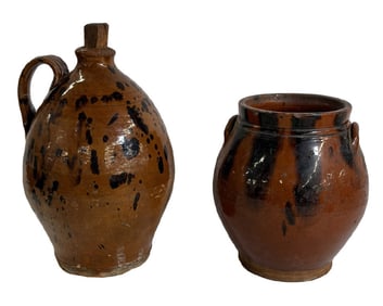 2 PCS REDWARE, JUG 11 3/4" TALL, BOTH WITH DAMAGE