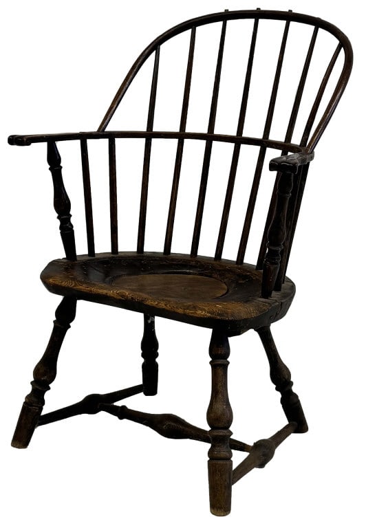KNUCKLE ARM WINDSOR BOW BACK CHAIR 14" SEAT HGT ALTERED FOR POTTY, 33" X 25 1/2" X 16" (1 of 6)