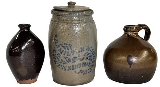 3 PCS STONEWARE INC. HAMILTON & JONES, GREENSBORO PA CROCKS, REDWARE FLASK & BROWN JUG
