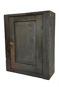 PAINTED HANGING CUPBOARD W/ RAISED PANEL DOOR AMERICAN 19THC. SHUTTER GREEN 27" X 21 3/4" X 8 1/2"