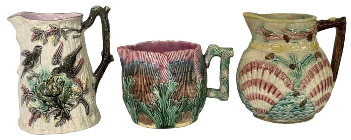 3 MAJOLICA PITCHERS INC. ETRUSCAN SHELL & SEA WEED TALLEST 9"