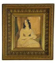 WATERCOLOR PORTRAIT OF A DARK HAIRED GIRL C. 1840   12 1/4" X 11 1/4" OVERALL