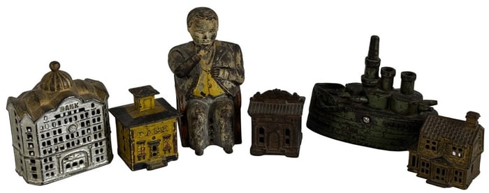 6 EARLY BANKS, BOSS TWEED TAMMANY BANK, BATTLESHIP OREGON BANK & 4 BUILDING BANKS, ALL CAST IRON