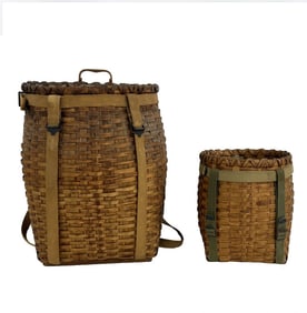2 ADIRONDACK ASH SPLINT PACK BASKETS, 1 ADULT & 1 CHILDS 21" TALL & 13" TALL