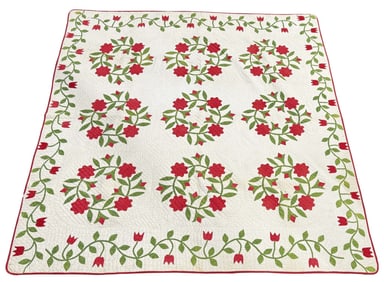 HAND STITCHED "ROSE OF SHANNON" APPLIQUED QUILT 19THC. 80" X 85 1/2"