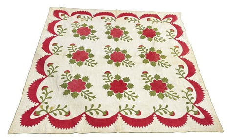 19THC. HAND STITCHED APPLIQUED OVERSIZED QUILT TONING & STAINS 105" X 106"