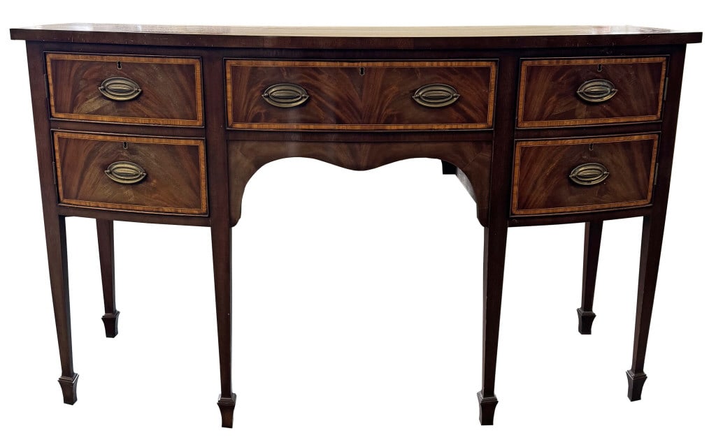 CUSTOM HEPPLEWHITE BOW FRONT SIDEBOARD, 20THC. WITH INLAY 36" X 60" X 22 1/2" (1 of 4)