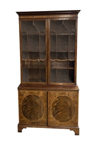 2 PART CUSTOM BOOKCASE CUPBOARD WITH INLAY LABELED "MADE IN ENGLAND FOR WOOD & HOGAN, NY 88" TALL X
