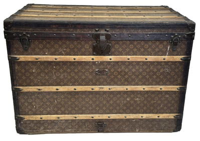 VINTAGE LOUIS VUITTON STEAMER TRUNK SERIAL# 146290 METAL HANDLES, MADE IN FRANCE MARKED LV 27" X 39