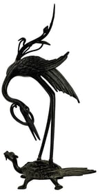 JAPANESE BRONZE EGRET ON TURTLE 12 1/4" X 6 1/4"