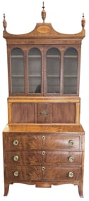 THREE PART INLAID TAMBOUR DOOR SECRETARY DESK WITH GLAZED DOOR BOOKCASE TOP, EARLY 20THC.  96" X 39