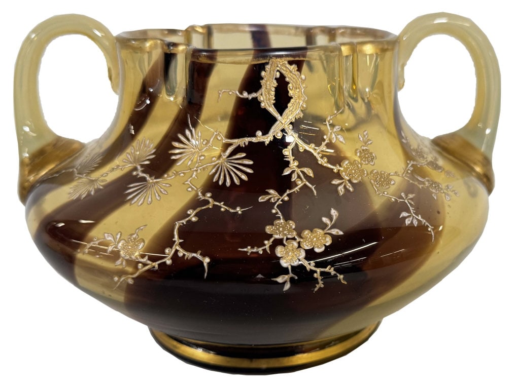 ENAMEL DECORATED ART GLASS VASE WITH POLISHED PONTIL & APPLIED HANDLES 5" X 7 1/2" (1 of 4)