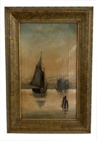 OIL / CANVAS "SAILBOATS AT DUSK" UNSIGNED 18" X 11"