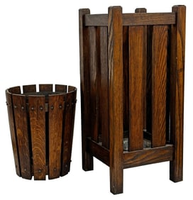 MISSION OAK CANE STAND & WASTE PAPER BASKET 27" X 12" X 12"  & 17" X 12"