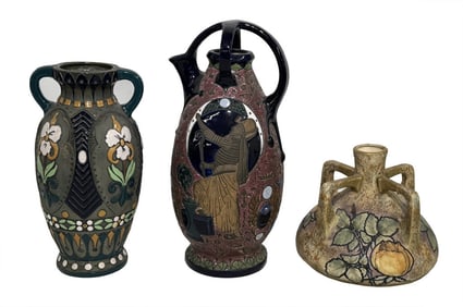 3 PCS AMPHORA  ART POTTERY, TALLEST 15" 1 W/ GLAZE LINE