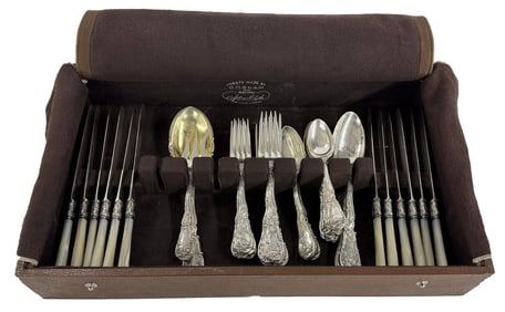 GORHAM STERLING SILVER FLATWARE, ASST'D FORKS, SPOONS, SERVING PCS. 12 KNIVES MOP HANDLES 49.5 TROY