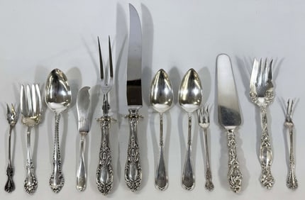 12 ASST'D SERVING PCS. INC. STERLING CARVING SET W/ STERLING HANDLES APPROX. 15 TROY OZ