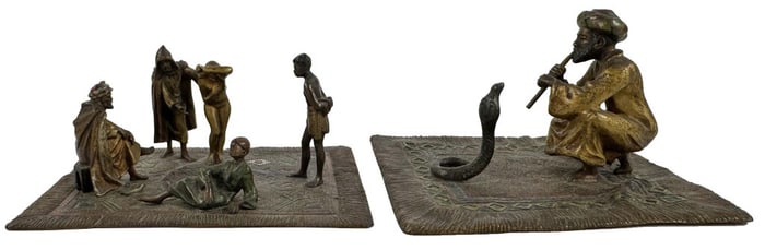 2 VIENNA BRONZES, SNAKE CHARMER & BAZAAR SCENE 4 1/4" TALL  X 3 3/4" & 2" TALL X 4 1/2" X 3 1/8"