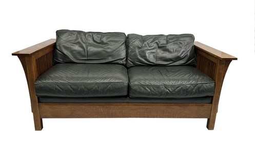 CONTEMPORARY STICKLEY LOVE SEAT WITH LEATHER UPHOLSTERY 28 1/2" T X 37" DEEP X 73" WIDE