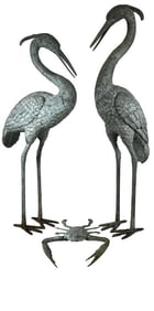 2 GARDEN EGRETS & CRAB IN OXIDIZED GREEN PATINA TALLEST EGRET 38"  CRAB, 9 3/4" TALL X 14" W