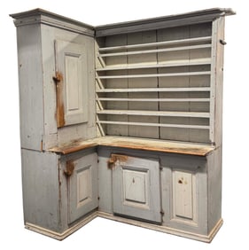 "L" SHAPED STEPBACK CORNER CUPBOARD IN GREY PAINT