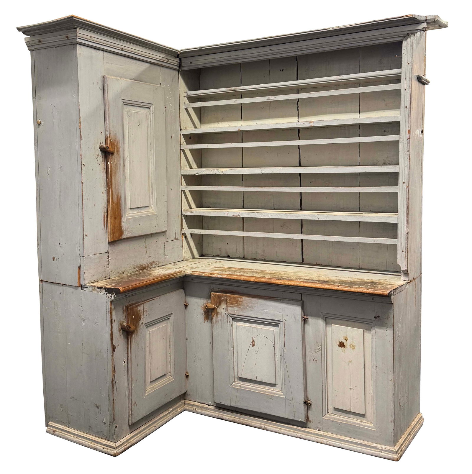 "L" SHAPED STEPBACK CORNER CUPBOARD IN GREY PAINT (1 of 7)
