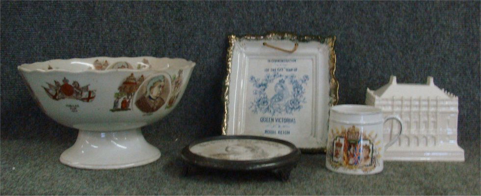 Coronation & Jubilee Ware Punch Bowl, Scarves,etc.: Coronation & Jubilee Ware Including: Punch Bowl, Scarves, Tile, Trivet