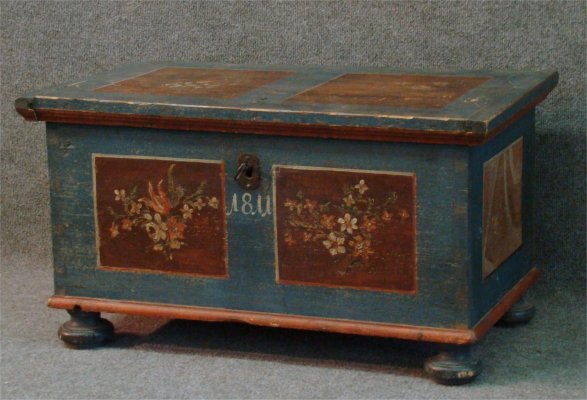Paint Decorated Scandinavian Lift Lid Box Dated 1811: Paint Decorated Scandinavian Lift Lid Box Dated 1811, With Original Bear Trap Lock, 32" Wide X 17" High X 17" Deep