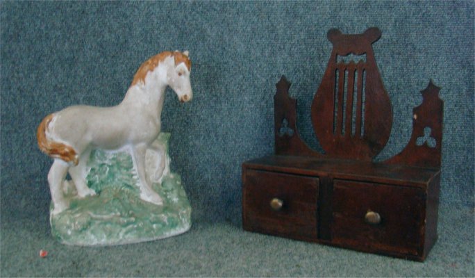 Chalkware Figure Of A Horse & Wallbox With Two Drawers: Chalkware Figure Of A Horse & Wallbox With Two Drawers