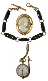 VICTORIAN CAMEO / HAIR PIN, MOURNING CHAIN & ELGIN POCKET WATCH