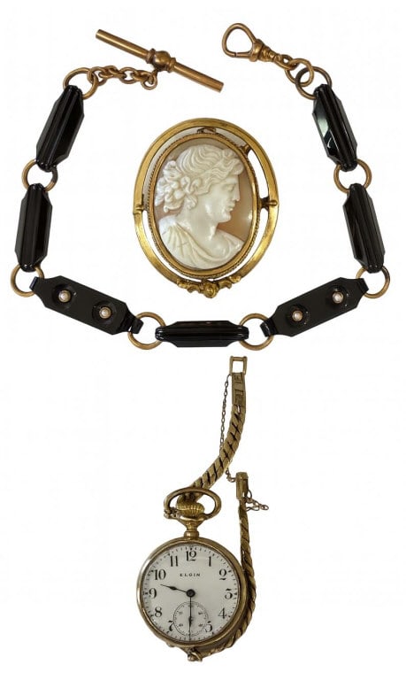 VICTORIAN CAMEO / HAIR PIN, MOURNING CHAIN & ELGIN POCKET WATCH