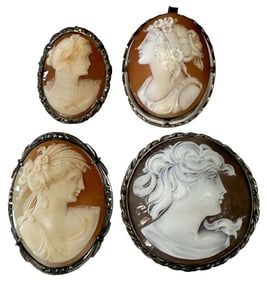 4 SHELL  CARVED CAMEOS, 1 1/4" MARKED 800, 1 3/4" MARKED 800 &  2- 1 1/2" SILVER FRAME