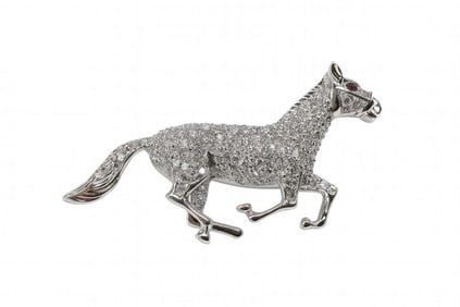 PAVE 18KT WHITE GOLD HORSE PIN W/ 1.2 CT DIAMONDS TCW & RUBY EYE   APPROX. 4.8 DWT