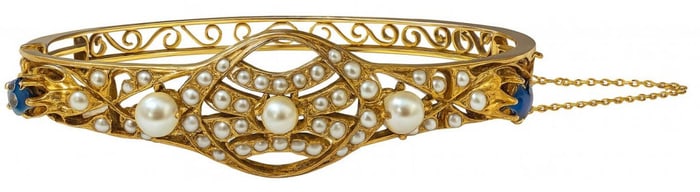 C.1 900 14KT YELLOW GOLD BANGLE BRACELET,SAPPHIRES & SEED PEARLS  APPROX. 13.8 DWT
