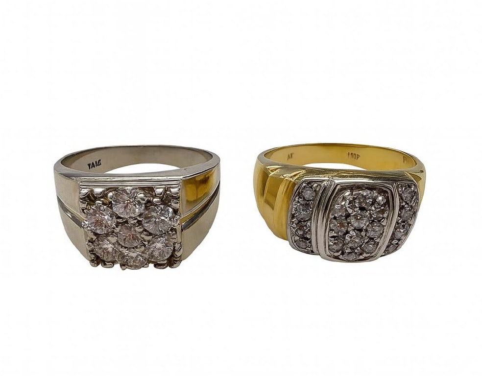 2 MENS DIAMOND & GOLD RINGS, 1 10KT 4.8 DWT 35 TCW DIAMONDS 1- 14KT 4.6 DWT .8 TCW DIAMS. (9 1/2 & 8 (1 of 12)