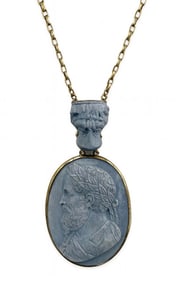 9 KT YELLOW GOLD ENGLISH LAVA CAMEO ON 15" CHAIN 2 7/8" OVERALL,  14.6 DWT