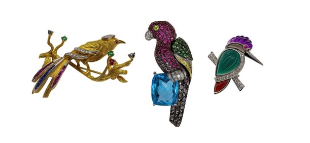 2- 18KT & 1 14 KT GOLD BIRD PINS, 14KT PARROT W/ 10 CT BLUE TOURMALINE 5.7 DWT, 18KT BIRD ON BRANCH