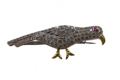 18KT WHITE GOLD & DIAMOND BIRD BROOCH W/ RUBY EYE APPROX. 1.85 DIAM & .05 RUBY   5.6 DWT